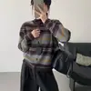 Cárdigan de lana pura a rayas retro Melard, cárdigan de punto con cuello polo para mujer, suéter abrigo de corte holgado y adelgazante
