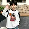 Camiseta de manga larga de algodón puro para niños, moda de primavera y otoño, capa base para niños, cuello redondo de dibujos animados, top holgado estampado versátil, camiseta moderna
