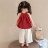 Conjunto de Verano para Niña 2026 Nueva Moda Top Rojo Halter y Pantalones de Mezclilla Estilo Coreano Conjunto de Dos Piezas Moderno