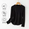 Camiseta de manga larga con cuello redondo para talla grande, camiseta básica engrosada para mujer para otoño e invierno, alta elasticidad, tejido cepillado, top con estampado de espina de pescado