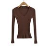 Suéter de Color Sólido Estilo Deseo Puro para Mujer, Nuevo Otoño/Invierno Cuello en V Ajustado Manga Larga Tejido Ceñido a la Cintura Sexy Camiseta Base Ajustada