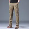 Pantalones Casuales Elásticos Color Caqui para Hombre Primavera y Verano Pantalones con Múltiples Bolsillos de Solapa Pantalones Cargo Rectos Ajustados Pantalones Largos de Algodón Puro para Niños