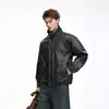 Chaqueta de Cuero para Hombre Estilo Retro Americano Corte Holgado Abrigo de Cuero Biker Chaqueta Casual para Hombre Chaqueta de Montar Moto PU Cuello Alto