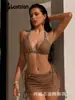 Conjunto de Bikini de Malla Marrón Lostr de 3 Piezas con Tirantes de Perlas Conjunto de Bañador de Verano