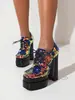 Nuevos Zapatos Británicos de Primavera y Otoño para Mujer Escama de Pez Lentejuelas Cordones Boca Profunda de una Sola Capa Plataforma de Agua Tacón Grueso Tacones Altos Zapatos de Escenario