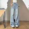 Calça jeans larga estilo americano azul claro para mulheres, nova coleção de outono, com caimento fluido, efeito emagrecedor, cintura alta retrô, perna reta solta, calça comprida