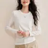 Camisa Base de Lã Mesclada Nova Outono 2026 com Gola Redonda Grande Branca Manga Longa para Mulheres, Adequada para Roupas de Exterior, Roupa Feminina Estilo Outono