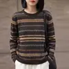 Suéter de Tricô Feminino 2026 Outono/Inverno Novo Vintage Lã Fina Gola Redonda Manga Longa Jacquard Vazado Top Base