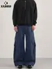 Muxi Roupas Calças de Trabalho Wide-Leg Retrô Perna Reta Toque de Alto Padrão Caimento Solto Calças Jeans Longas para Homens