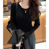 Top de Tricô Básico Manga Longa Gola Redonda Estilo Coreano Emagrecedor Cor Lisa Feminino