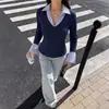 Nuevo Estilo Otoño/Invierno 2026 Top Falso de Dos Piezas Transfronterizo Europeo y Americano Ajustado Capa Interior con Rayas Empalmadas y Colores Contrastantes Camiseta de Manga Larga para Mujer