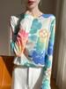 Suéter Base Versátil de Lyocell Tencel Tie-Dye Corto Casual de Cuello Redondo de Manga Larga para Mujer Otoño 2025 Transfronterizo