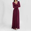 Vestido Longo Feminino Sexy Francês com Decote V e Renda Patchwork Manga Longa Coleção Outono 2025 Cintura Plissada Efeito Emagrecedor Saia Longa