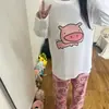 Pijama de primavera y otoño, conjunto de pantalones de manga larga de algodón puro tipo nube, diseño lindo de pollo con agujeros en la nariz estilo niña, delgado y holgado para el verano, para usar como prenda exterior