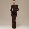 Estilo Ins Europeo y Americano Atuendo de Temperamento Maduro Nuevo Vestido de Color Sólido Cuello Redondo Sexy Ajustado con Caída Larga para Mujer