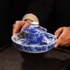Set de Té Azul y Blanco de Estilo Antiguo con Patrón de Dragón de Jingdezhen, con Tazón de Arcilla con Tapa de Estilo Antiguo, Taza de Mano, Tetera y Tapa