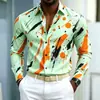 Nueva camisa de manga larga para hombre con base azul y estampado de salpicaduras naranja-amarillas, diseño audaz y llamativo, versátil para ir al trabajo