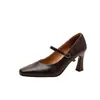 Versión de Piel de Vaca~Zapatos Mary Jane de Tacón Grueso con Punta Cuadrada Francesa 2026 Nuevo Estilo Retro Correa Única Tacones Altos Bajos