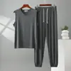 Conjunto de Pijama de Modal para Hombre de Dos Piezas Nuevo Holgado Casual Talla Grande Chaleco y Pantalones Largos Adecuado para Usar Afuera como Ropa de Casa