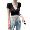Verano de Chica Caliente de Manga Corta Nuevo Ajustado Sexy Sexy Deseo Puro Top Chica Corto Cruz Cuello en V Profundo Camiseta de Moda