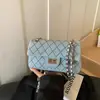 Bolsa de Corrente Retrô Estilo Pequeno Chanel com Padrão de Losangos em Jeans Nova Estilo Coreano Simples Pequena Quadrada Elegante Tendência Bolsa Casual