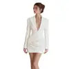 Novidade Amazon AliExpress: vestido feminino justo, bodycon, curto, com gola de alfaiataria e decote V profundo, mangas compridas