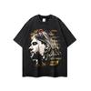 American Street Rock Retro Impresso Vintage Pesado Lavável Velho Camiseta de Manga Curta Base de Meia Manga da Moda