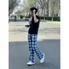 Calça Comprida Xadrez Bordada Estilo Americano Cleanfit para Homens e Mulheres, Calça de Verão de Cintura Alta Emagrecedora, Calça Esportiva Casual Solta, Tendência