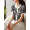 Top de Tejer de Seda de Hielo, Camisa de Manga Corta Estilo Chanel para Mujer, Blusa Rayada de Moda Suelta de Verano Delgada con Cuello Redondo