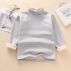 Camisa de fondo para niño, otoño e invierno, nueva camiseta de cuello alto a rayas para niña, camiseta grande para niño con forro polar, gruesa y cálida.