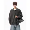 Sudadera con capucha de cuello polo de color sólido de peso pesado para hombre, nueva de otoño, estilo universitario holgado, marca de tendencia, top casual versátil
