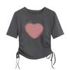 Camiseta de Algodón Puro con Corazón y Cordón Corto para Hombro para Mujer Diseño de Verano Nicho Americano Cintura Delgado Aspecto Top de Manga Corta