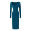 Estilo puro y seductor, escote cuadrado, vestido largo ajustado para mujer, con pliegues laterales, cintura elástica, corte favorecedor y mangas largas