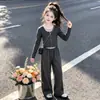 Conjunto de roupa feminina estilo coreano, novo modelo outono 2026, conjunto de duas peças de calça larga casual cinza para primavera e outono infantil
