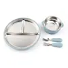 Prato de Jantar de Aço Inoxidável com Três Compartimentos, Tigela com Duas Alças e Conjunto com Ventosa, Conjunto de Garfo e Colher Antiderrapante para Crianças, Estilo com Ventosa para Bebês e Crianças Pequenas