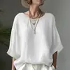 Todos los colores y tamaños disponibles. Nuevo Producto Transfronterizo: Top de Lino Cómodo de Color Sólido con Cuello Redondo, Hombro Caído, Corte Holgado, Efecto Adelgazante, Camisa Talla Grande