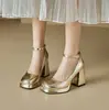 Zapatos Mary Jane Dorados y Plateados Estilo Francés para Mujer, Nuevos Tacones Altos de Correa Única con Tacón Grueso, Tallas 32-46