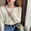 Camisa base blanca para mujer, primavera y otoño, estilo Chanel pequeño, nuevo top de manga larga con cuello redondo 2025, suéter de otoño e invierno, tejido de punto