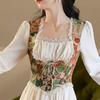Vestido Vintage de Dos Piezas Estilo Corte Francés con Estampado de Cangrejo de Cinco Paneles para Primavera y Otoño, Cuello Cuadrado, Mangas Largas Estilo Pintura al Óleo y Falda de Longitud Media que Ceñe la Cintura
