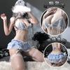Celebridad en línea lencería sexy pecho súper pequeño sexy cama divertido sexy ropa transparente traje de tres puntos encaje coqueto