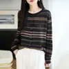 Cárdigan suave y pegajoso para mujer, amigable con la piel, cuello redondo, manga larga, abrigo suéter, jacquard Fair Isle, retro, hueco, ropa exterior a rayas
