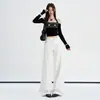 Jeans blancos de microcampana con estilo dulce y fresco para mujer, nueva llegada de principios de otoño, botón metálico personalizado en la cintura trasera, bordado, drapeado, pantalones de largo hasta el suelo