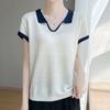 25 Años Nuevo Verano Tencel Lino Tijeras Cuello Polo Tejido Camiseta de Manga Corta para Mujer Combinación de Colores Camiseta Interior Superior