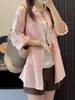 Camisa azul de lino estilo francés para mujer, top de manga larga para el verano con protección solar, chaqueta camisa de algodón y lino estilo casual holgado 'old money'