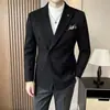 Casaco de lã estilo britânico para homens, novo terno de outono/inverno de abotoamento duplo, corte slim, estiloso, traje de casamento para noivo