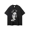 Camiseta Oversize Lavada Desgastada Cuello Pequeño Manga Corta Hip-Hop Vintage Americano Marca de Moda Callejera para Hombre Chaleco de Media Manga