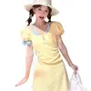 Traje de baño de una pieza estilo nuevo 2026 para mujer, Mangas abullonadas amarillas, Adelgazante y lindo, Estilo juvenil, Mangas cortas, Conservador