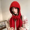Chapéu Balaclava, Chapéu de Lã Tricotado Outono e Inverno para Mulheres, Quente, Proteção para Ouvidos, à Prova de Vento, Chapéu Cachecol Vermelho e Cachecol em Um