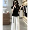 Conjunto de Ropa Súper Elegante Estilo Coreano 2026 Nuevo Conjunto de Dos Piezas para Mujer Verano Camiseta Negra de Manga Corta Pantalones Anchos