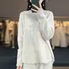 Suéter Feminino de Manga Longa Elegante para o Trabalho, Gola Peter Pan Estilo Francês, Cor Sólida Simples, Tricô à Mão com Ponto Vazado, 100% Lã